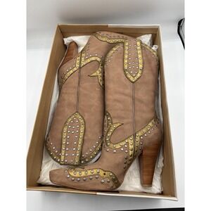 G Series Cole Haan Studded Pointed Toe Western Boots Brown Gold Glendo Boot 6.5B
